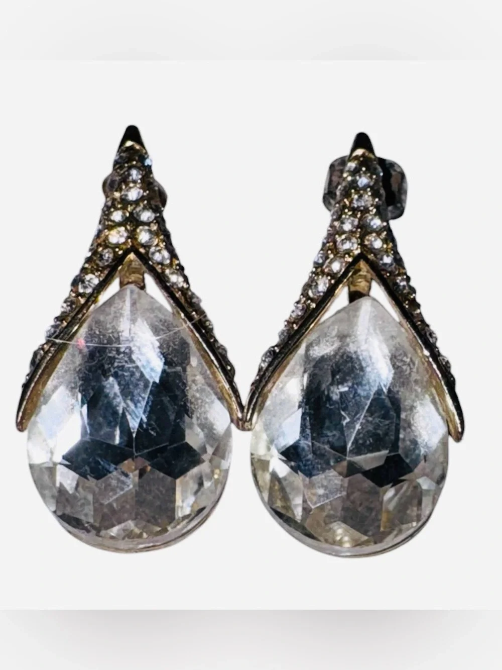 Vintage Pierced Gold Accented Clear Teardrop Heavy Costume Crystal Drop Earrings